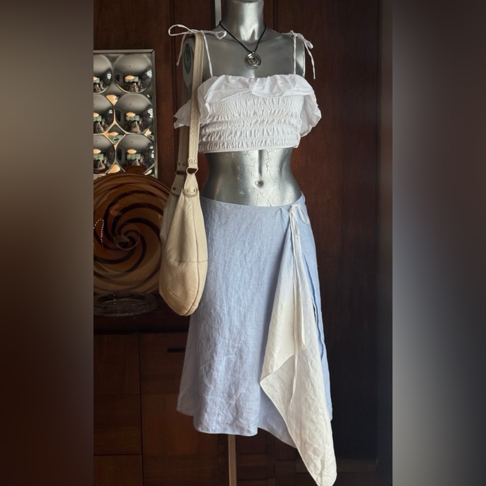 DKNY Blue and Cream Linen Midi Skirt